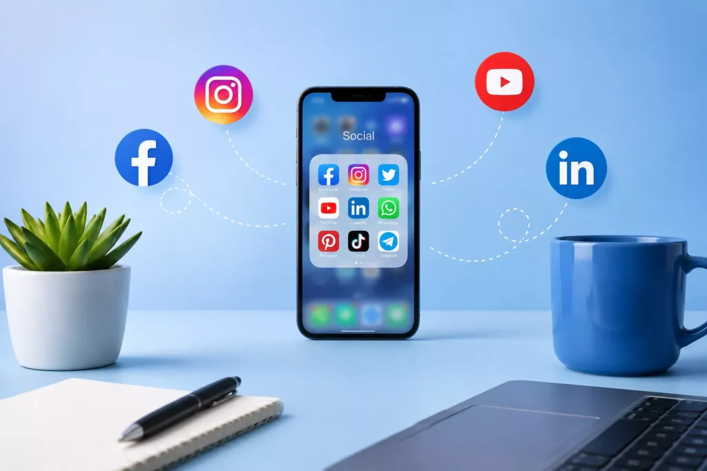 Modern social media branding setup with app icons on a clean blue background symbolizing digital growth and online presence.