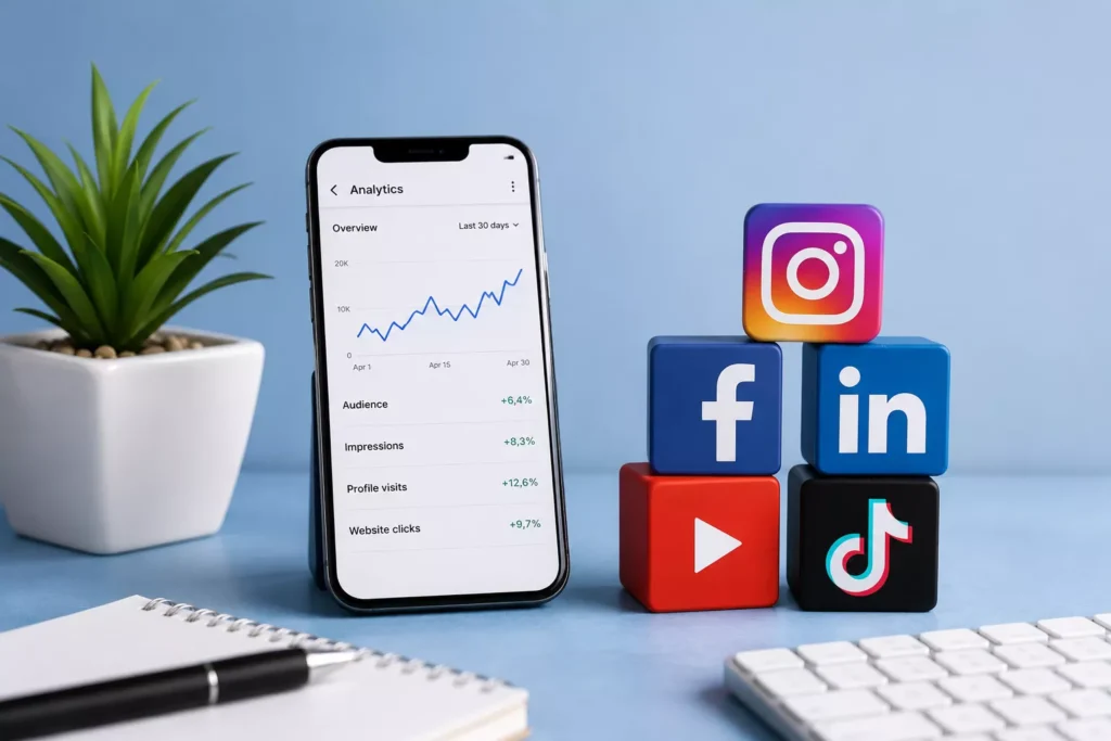 Modern social media marketing setup with analytics dashboard and platform icons representing digital growth and audience engagement.