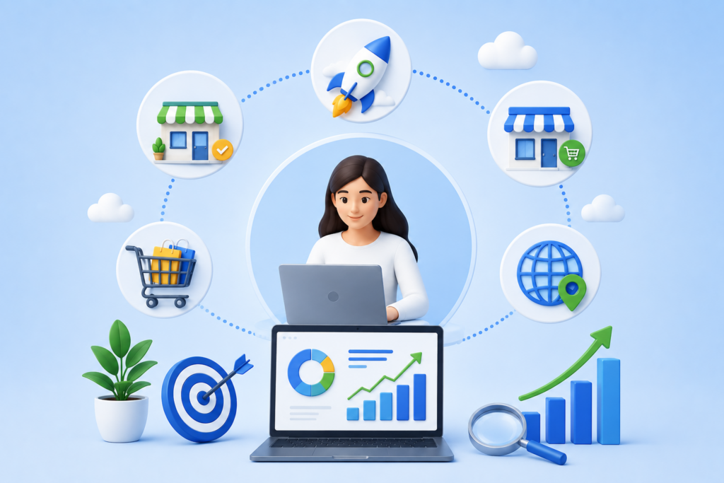 Woman using laptop with business and growth icons around
